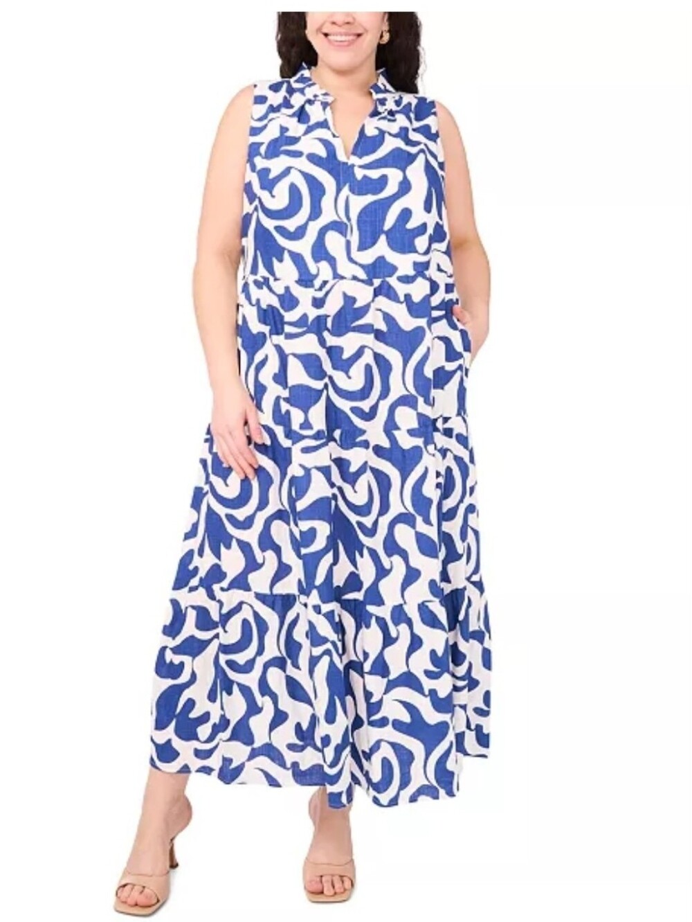 NEW Macy's MSK Woman Size 1X Sleeveless Split Neck Tiered Maxi Dress